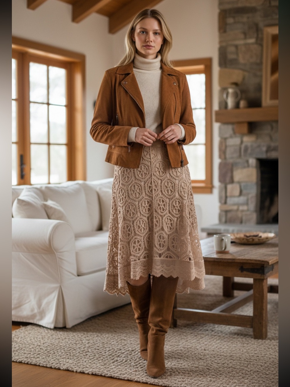 New Directions Tan/Brown Lace Midi Skirt retail $49